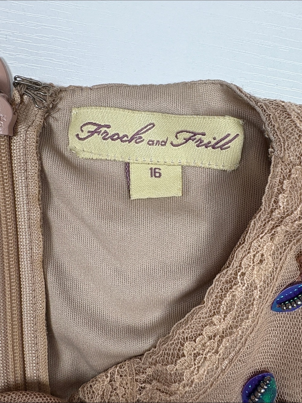 Frock and Frill Floral Sequin Embellished Mesh Ruffle A-Line Midi Dress Tan 12 - Picture 7 of 9